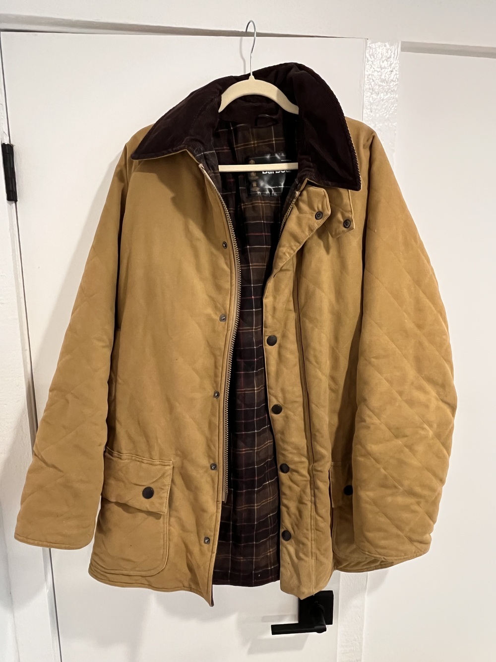 Barbour Quilted Jacket Mens L Tan Corduroy Collar Tartan Lined Diamond Quilt